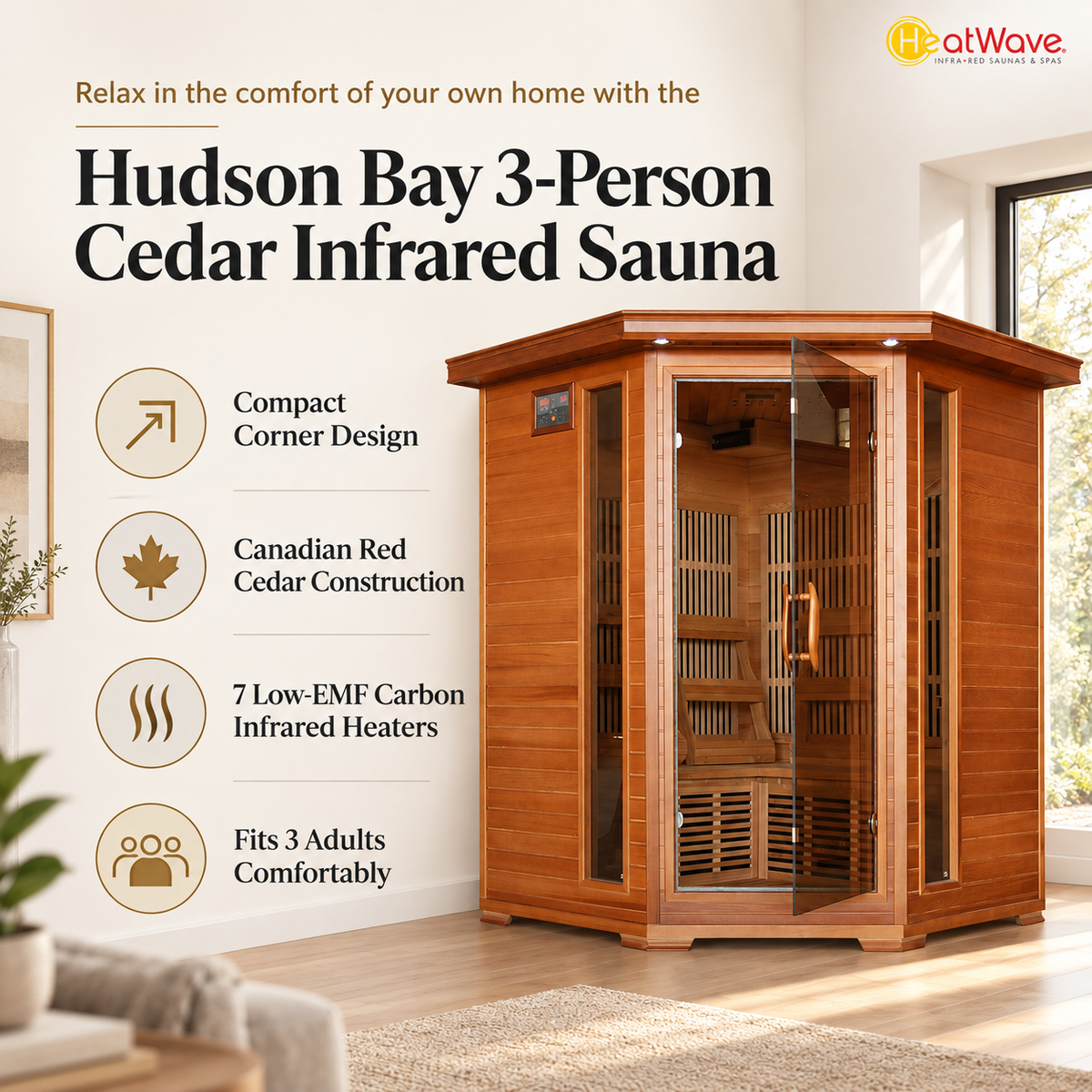 HeatWave Hudson Bay 3-person cedar corner infrared sauna feature graphic with 7 low-EMF carbon heaters and Canadian red cedar construction