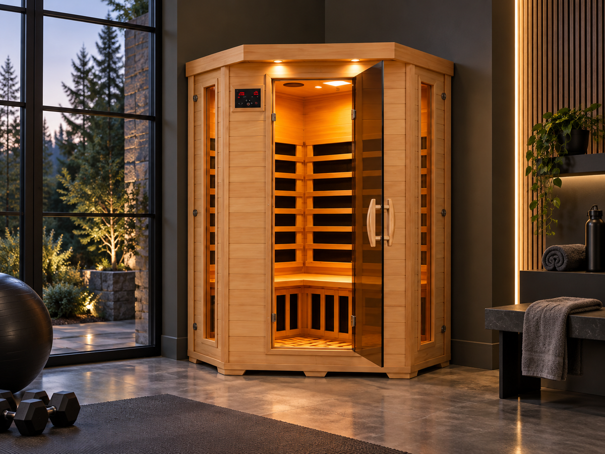 HeatWave Hudson Bay 3-Person Corner Infrared Sauna in a modern home wellness room with warm interior lighting