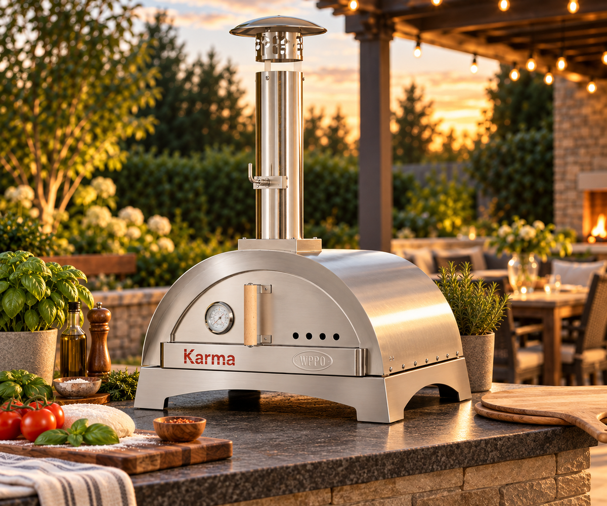 WPPO Karma 25-inch wood-fired pizza oven on an outdoor kitchen countertop at sunset