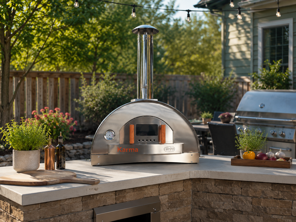 WPPO Karma 32-inch wood-fired pizza oven on an outdoor kitchen countertop with stainless steel chimney