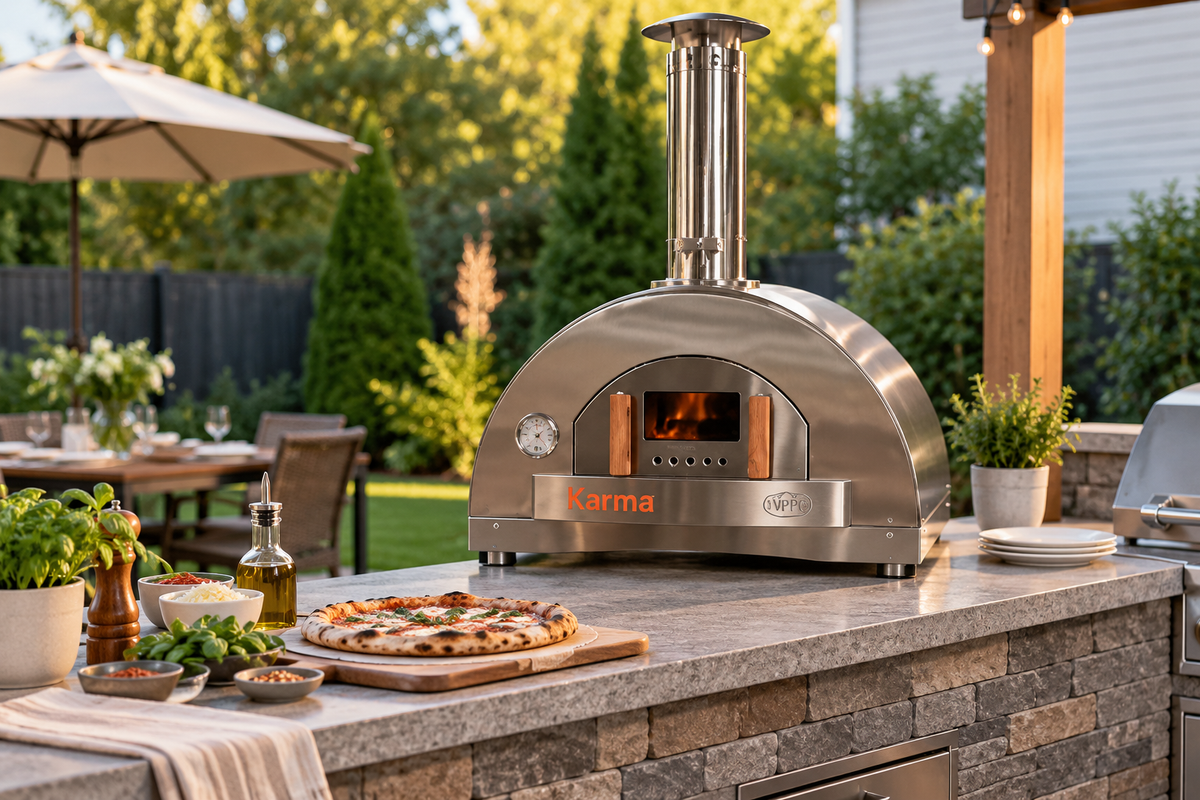 WPPO Karma 32-inch wood-fired pizza oven in an outdoor kitchen with pizza and cooking ingredients on the countertop