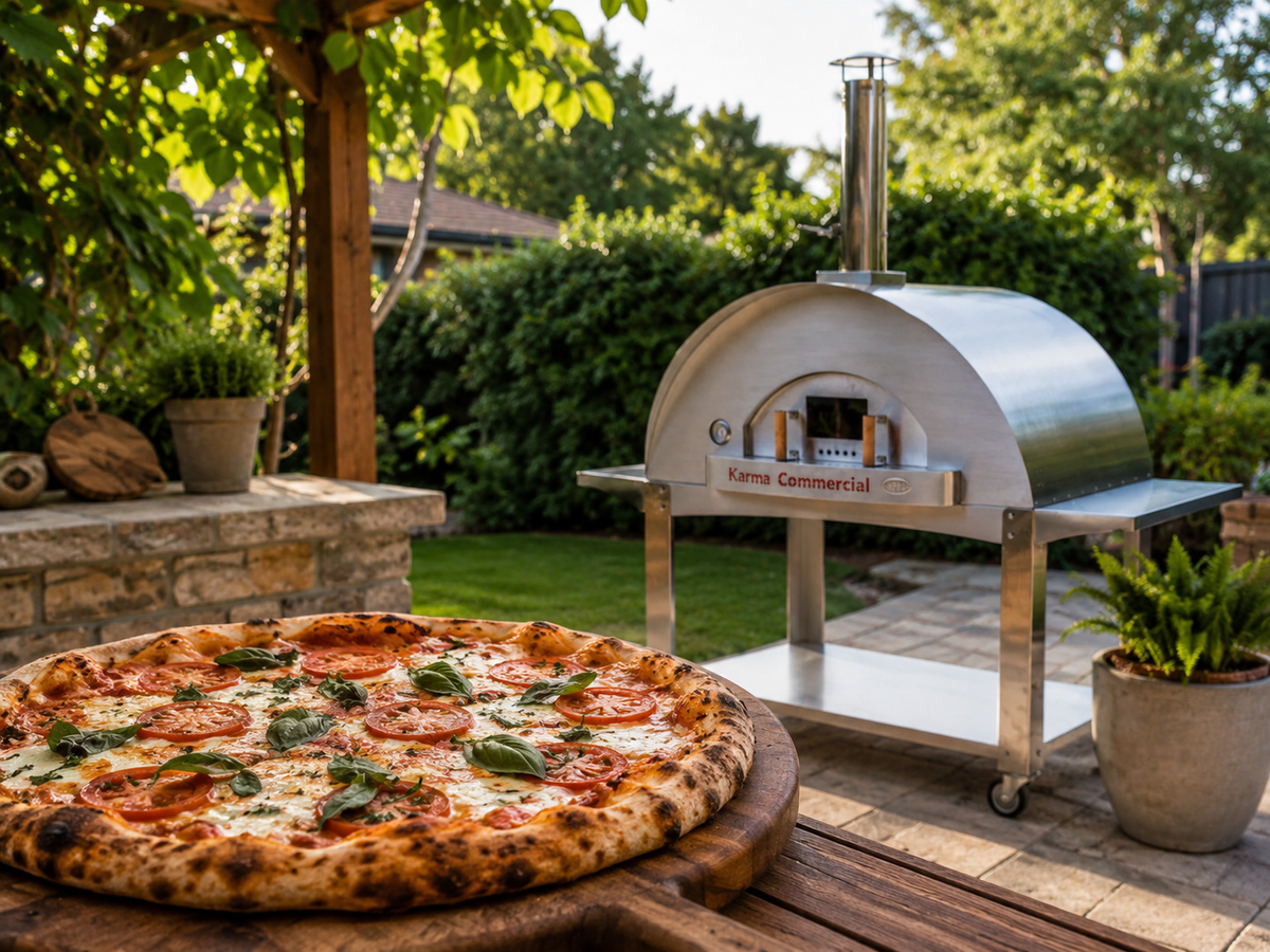 WPPO Karma 55-inch commercial wood-fired pizza oven on a stainless steel cart with finished pizza in a backyard patio setting