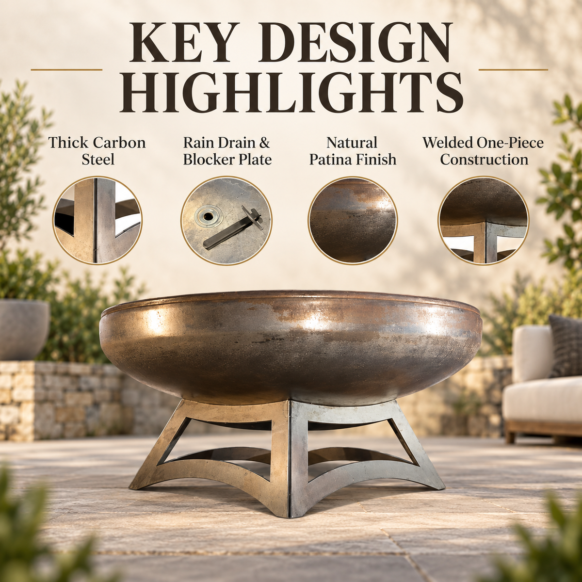 Ohio Flame Liberty Hollow Base fire pit key design highlights with carbon steel, rain drain, natural patina, and welded construction