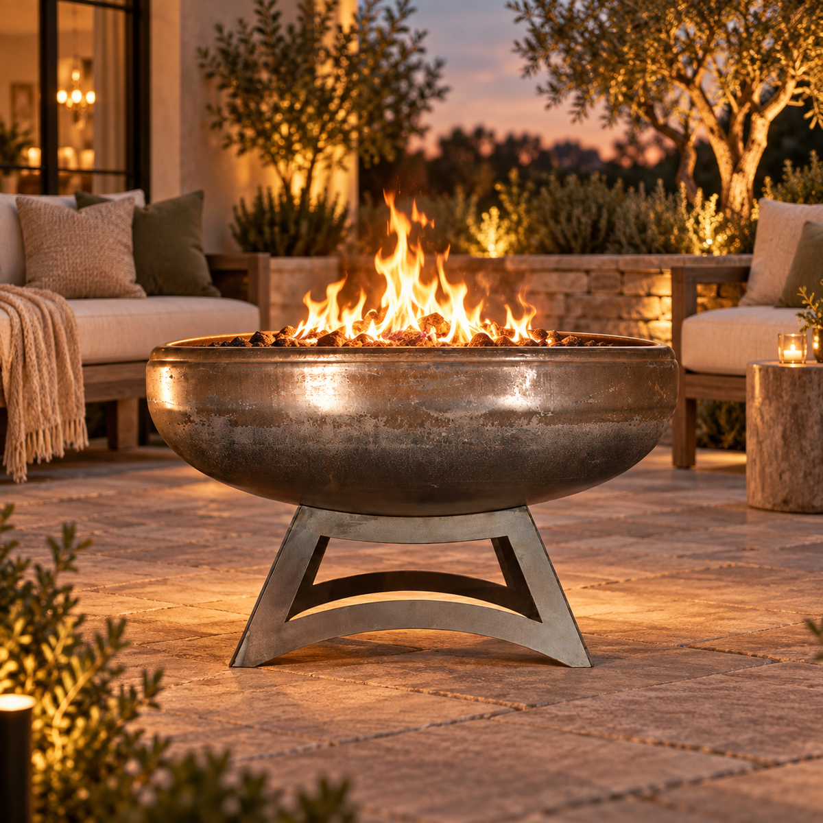 Ohio Flame Liberty Hollow Base fire pit burning on a stone patio at dusk