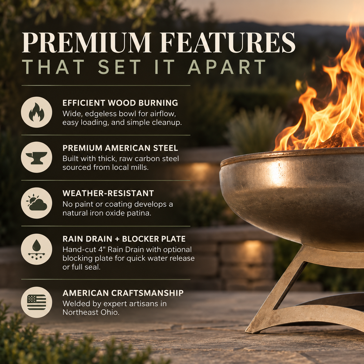 Ohio Flame Liberty Hollow Base fire pit key design highlights with carbon steel, rain drain, natural patina, and welded construction