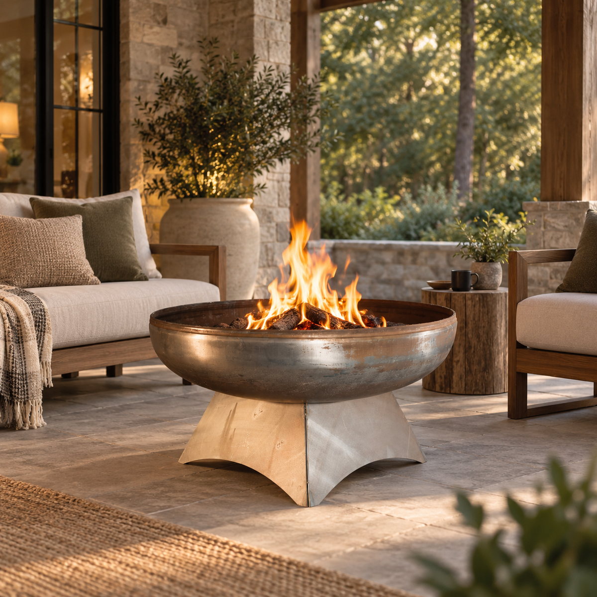 Ohio Flame Liberty Standard Base fire pit burning in a covered stone patio seating area