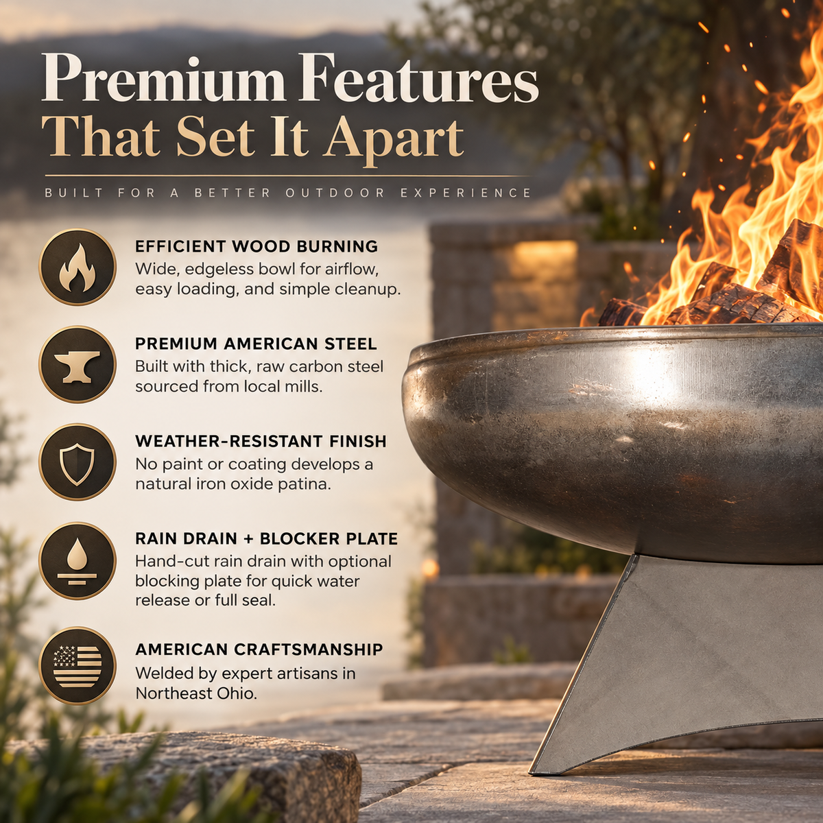 Ohio Flame Liberty Standard Base fire pit premium features and American steel construction