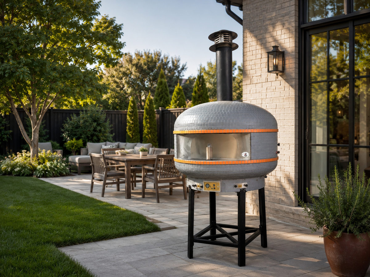 WPPO Lava 40-inch digital wood-fired pizza oven with convection fan in a modern backyard patio setting