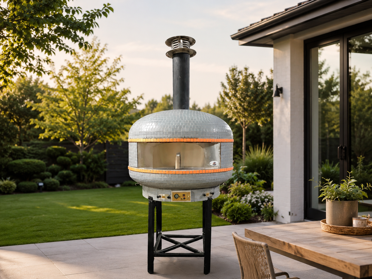 WPPO Lava 40-inch digital wood-fired pizza oven with black stand in a landscaped backyard patio setting