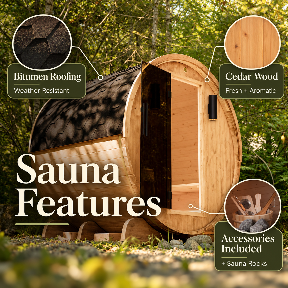 Aleko Liatris cedar barrel sauna outdoors with callouts for bitumen roofing, cedar wood, and included sauna accessories and rocks.
