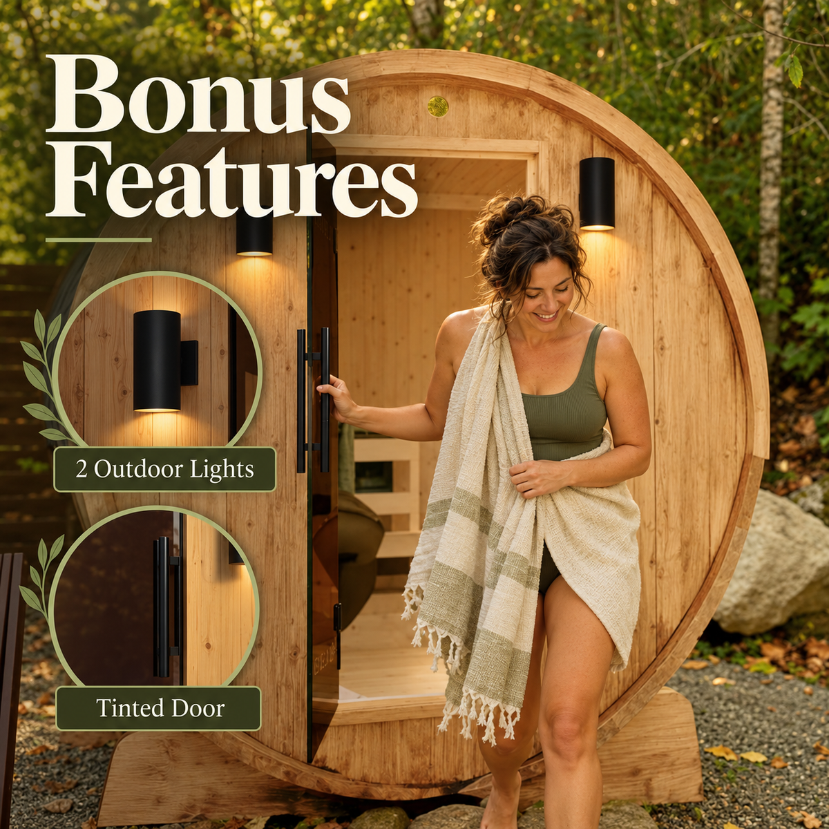 A woman steps out of the Aleko Liatris barrel sauna, with callouts showing its two outdoor lights and tinted door.