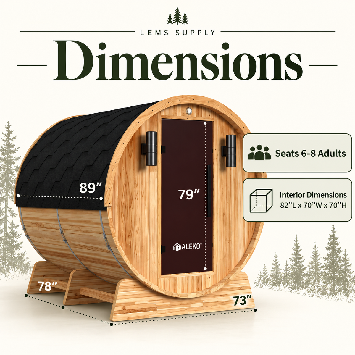 Aleko Liatris barrel sauna dimension graphic showing exterior measurements and interior dimensions of 82 by 70 by 70 inches.