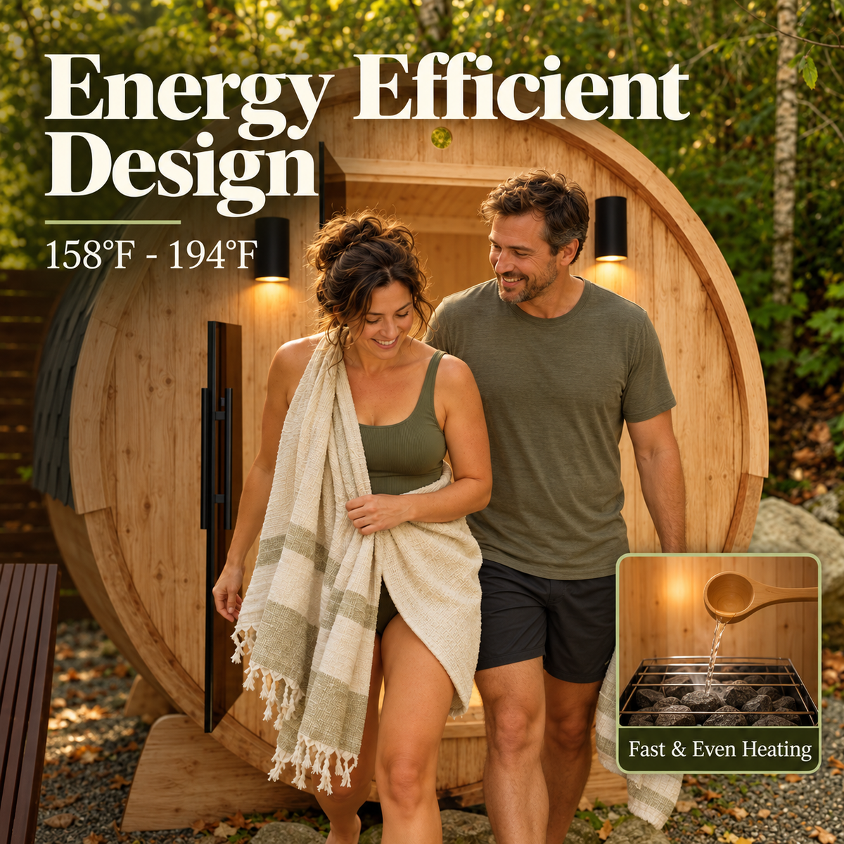 A couple steps out of the Aleko Liatris barrel sauna, with text highlighting its energy efficient design and a close-up of water poured over heater stones.