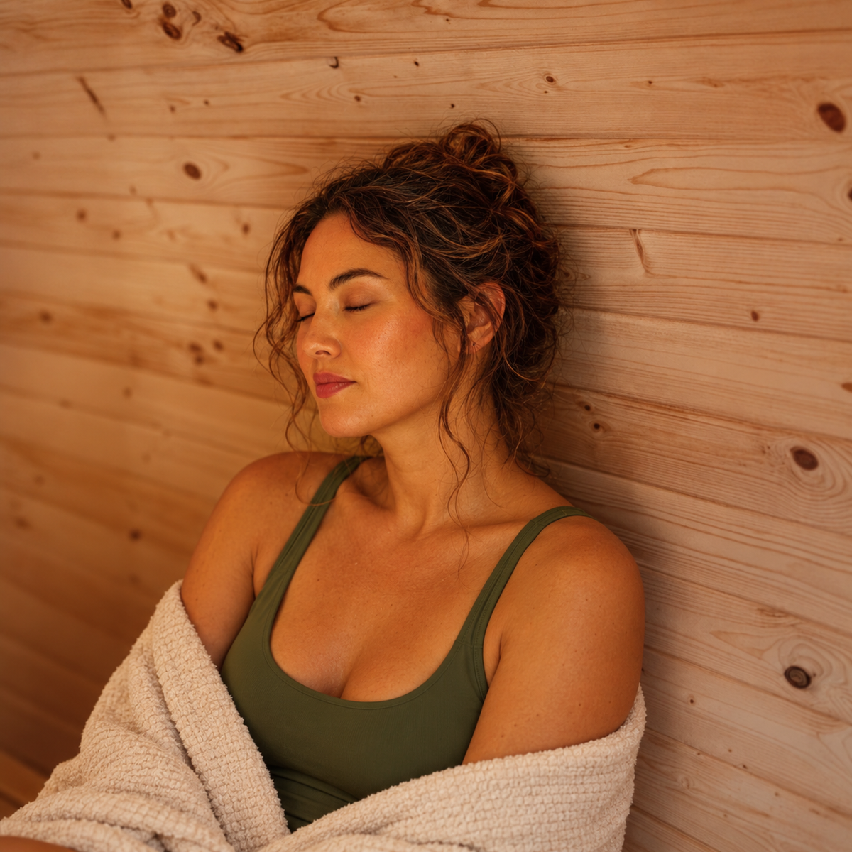Woman relaxing with her eyes closed inside the Aleko Liatris cedar sauna, wrapped in a cream towel against the wood wall.