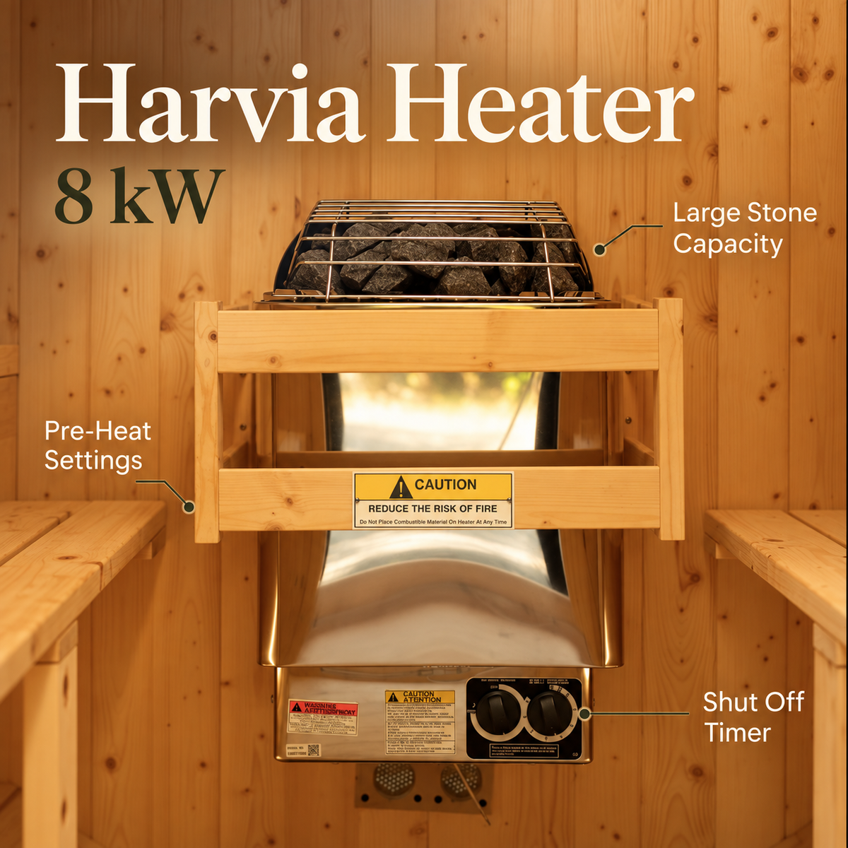 8 kW Harvia heater inside the Aleko Liatris sauna, with callouts for stone capacity, preheat settings, and the shutoff timer.