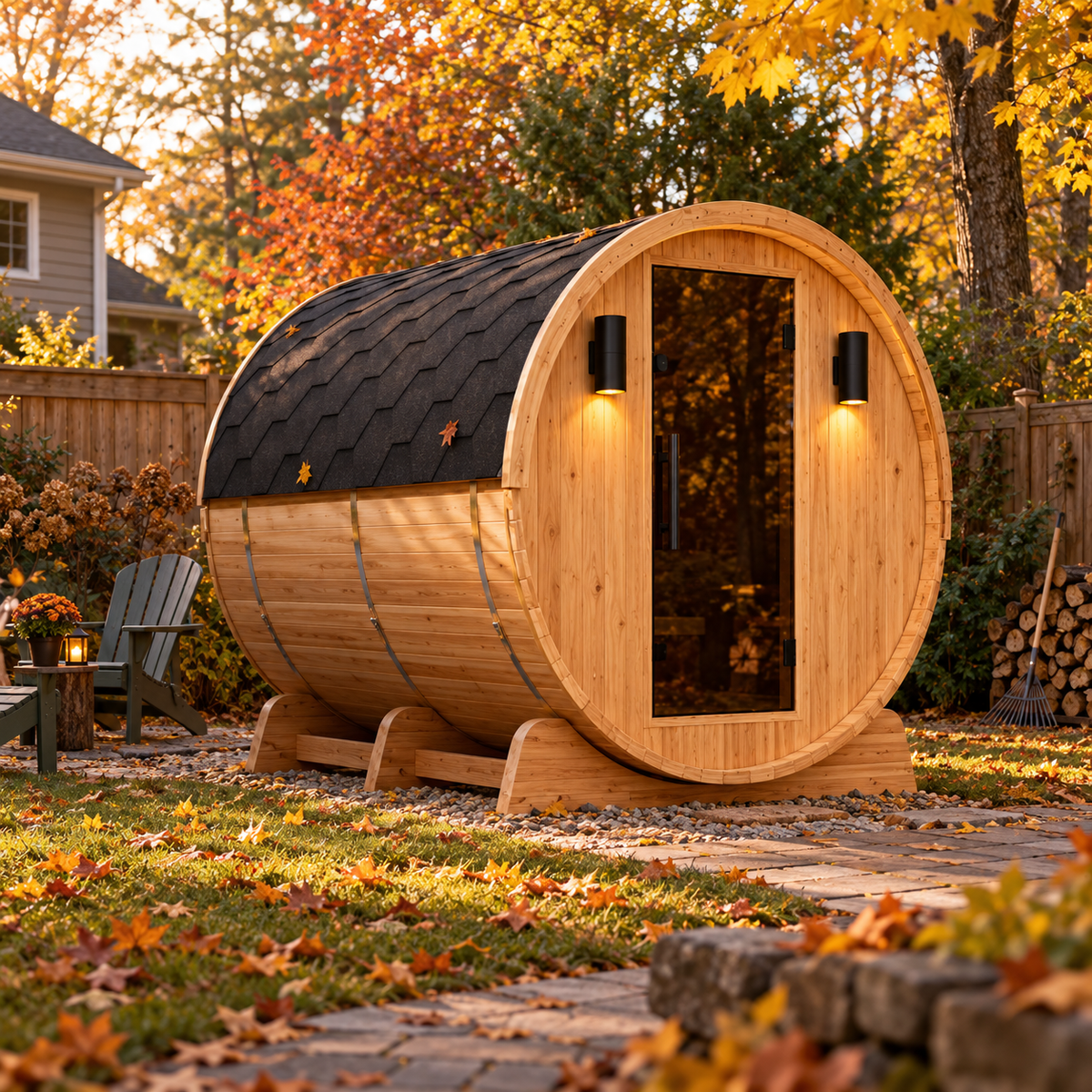 Aleko cedar barrel sauna with black shingle roof and exterior lights in a lived-in backyard surrounded by fall foliage.