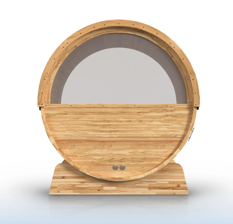 Rear view of the Aleko Liatris cedar barrel sauna, showing its panoramic half-circle window and wooden base.