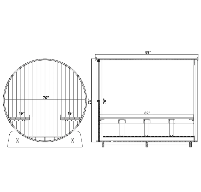 Technical dimension drawings of the Aleko Liatris barrel sauna showing its round interior, bench layout, and side profile with measurements.