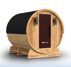 Aleko Liatris cedar barrel sauna with a black shingle roof, dark tinted door, and two exterior lights, shown from the front and side.