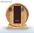 Front view of the Aleko Liatris cedar barrel sauna, showing its dark tinted door, two exterior lights, and wooden base.