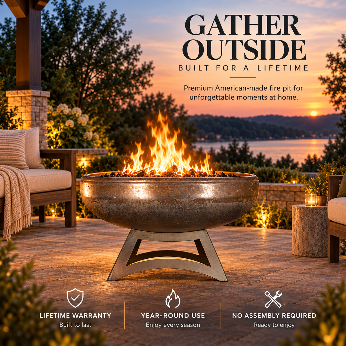 Ohio Flame Liberty Hollow Base fire pit burning on a patio at sunset with lifetime warranty, year-round use, and no assembly required