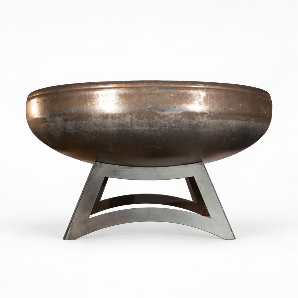 Ohio Flame Liberty Hollow Base fire pit key design highlights with carbon steel, rain drain, natural patina, and welded construction