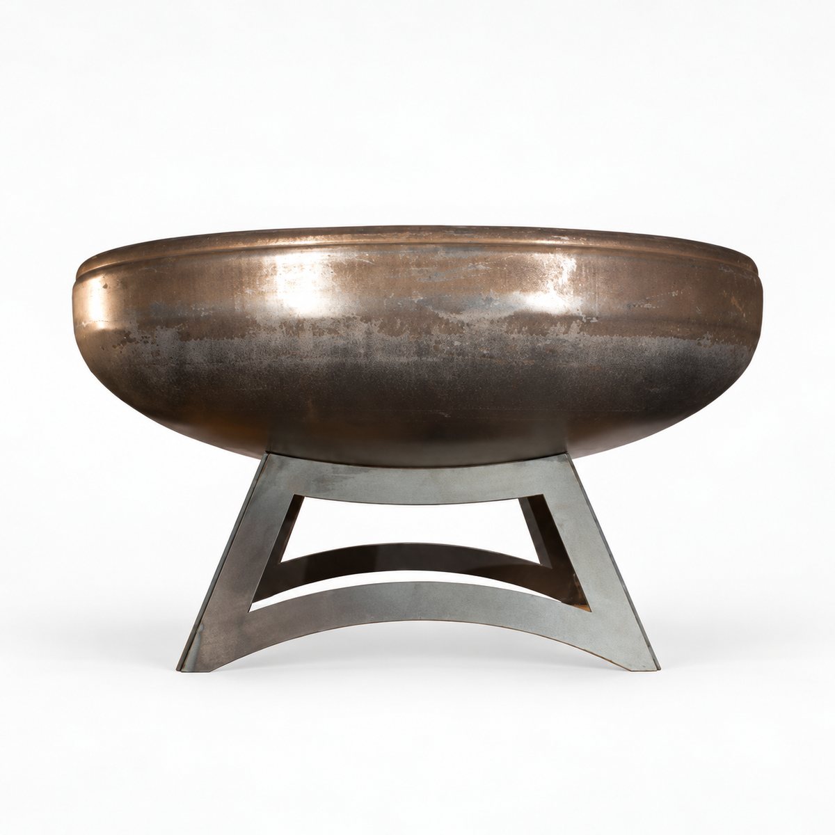 Ohio Flame Liberty Hollow Base fire pit key design highlights with carbon steel, rain drain, natural patina, and welded construction