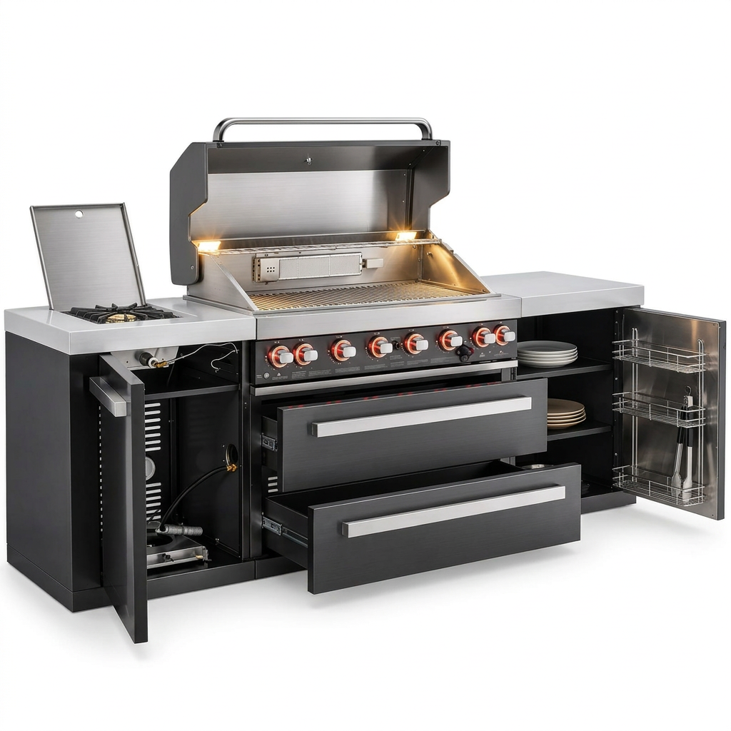 Mont Alpi 805 Deluxe 8-foot black stainless steel outdoor kitchen with open grill hood, infrared side burner, storage cabinets, and drawers
