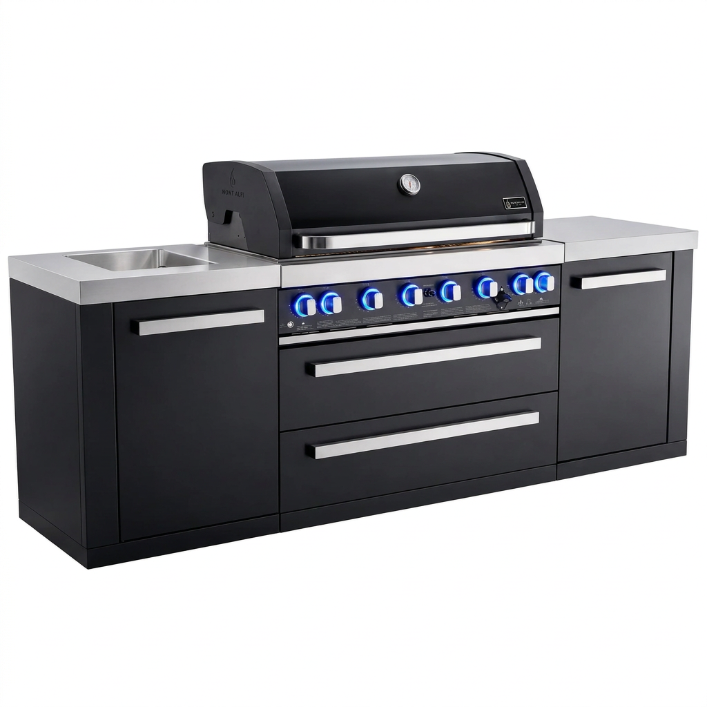 Mont Alpi 805 Deluxe 8-foot black stainless steel outdoor kitchen island with six-burner grill, granite countertops, and blue illuminated control knobs