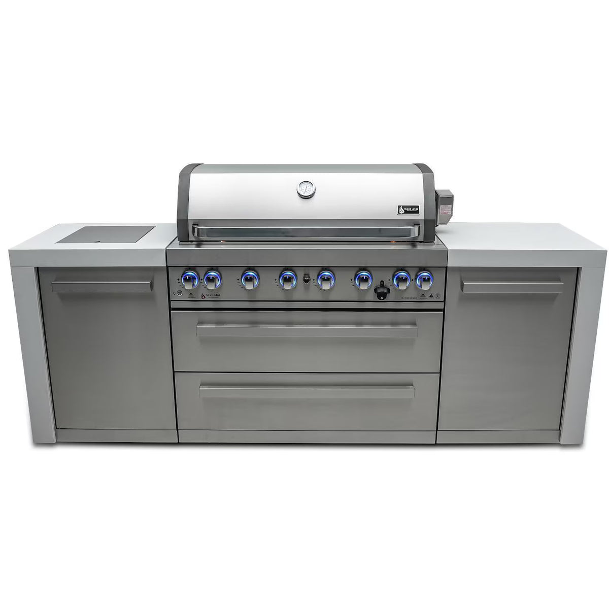 Mont Alpi 805 Deluxe 8-foot stainless steel outdoor kitchen island with six-burner grill, granite countertops, and illuminated control knobs
