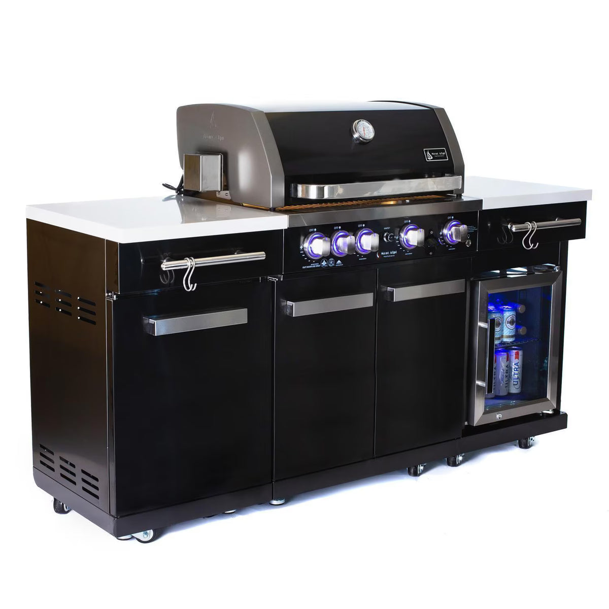 Mont Alpi 957 Compact 6-foot black stainless steel outdoor kitchen island with built-in beverage refrigerator, white countertops, and illuminated grill controls
