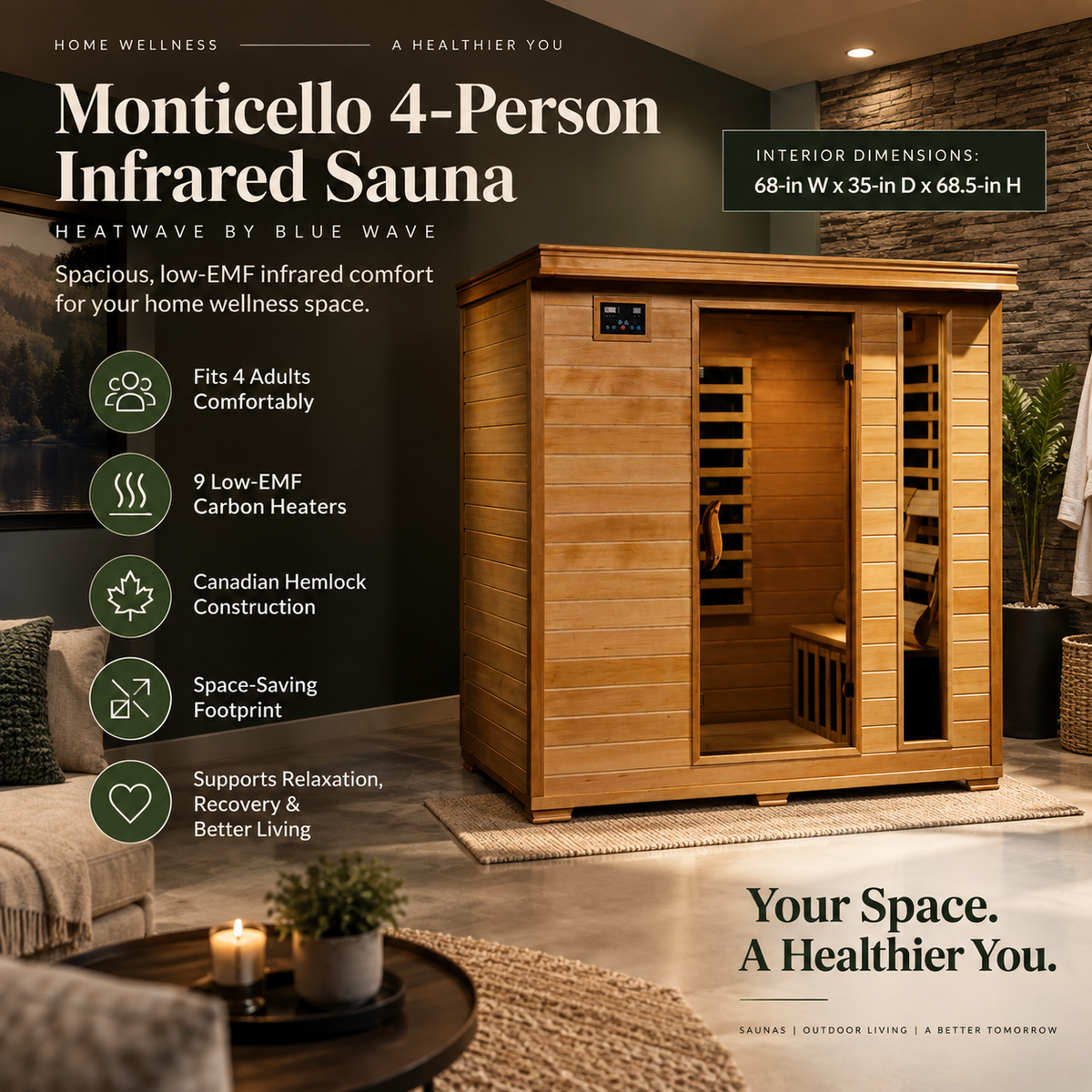 HeatWave Monticello 4-person infrared sauna feature graphic with 9 low-EMF carbon heaters, Canadian hemlock construction, and interior dimensions