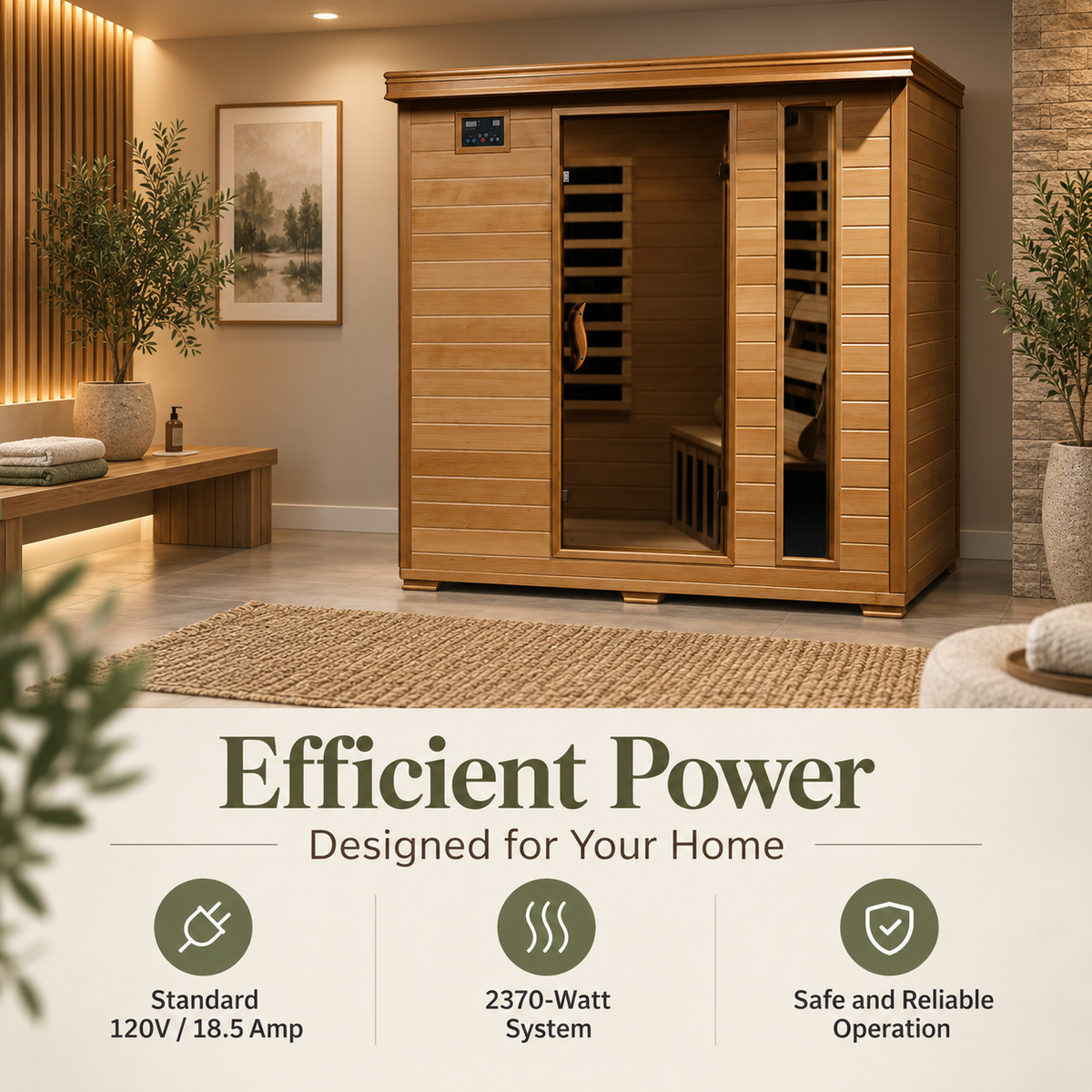 HeatWave Monticello 4-person infrared sauna efficient power graphic showing 120V, 18.5-amp operation and 2,370-watt heating system