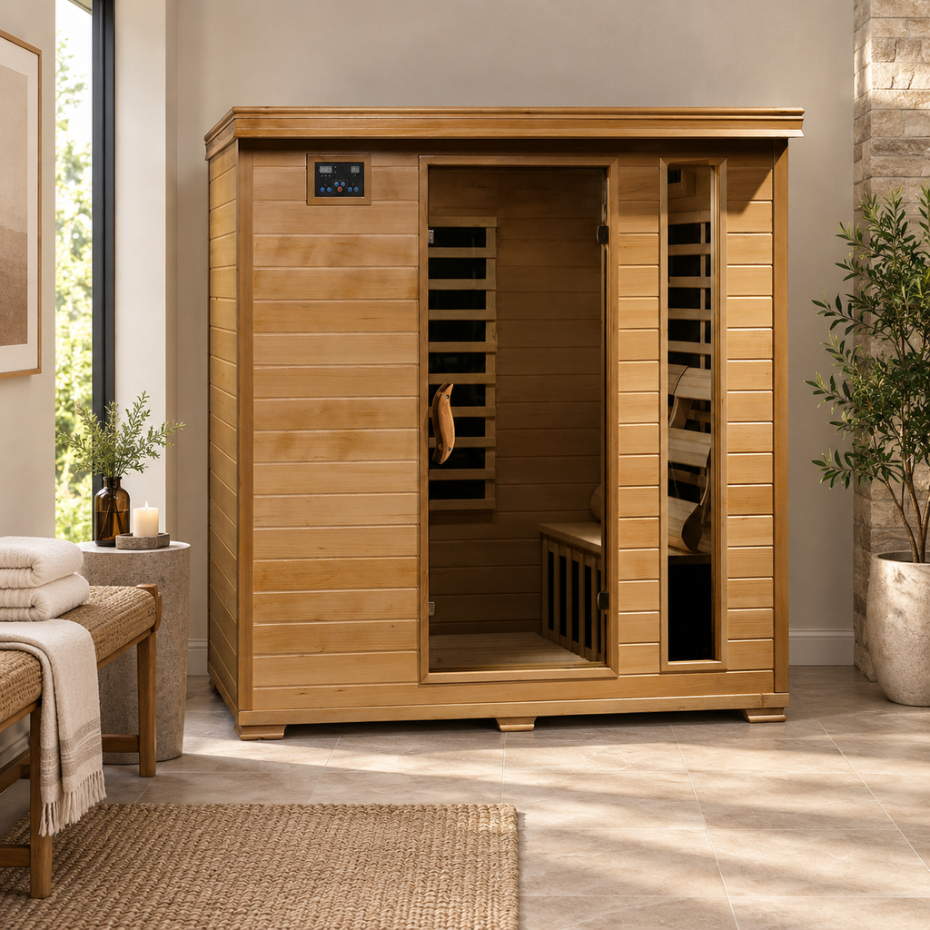 HeatWave Monticello 4-person hemlock infrared sauna in a bright home interior