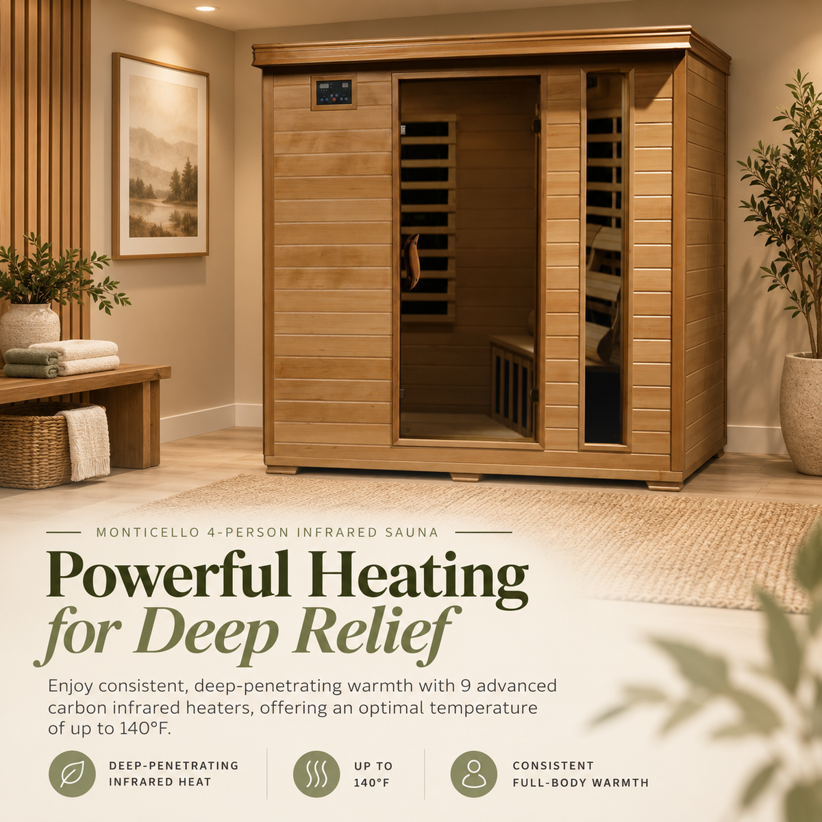HeatWave Monticello 4-person infrared sauna with 9 carbon heaters and up to 140°F operating temperature