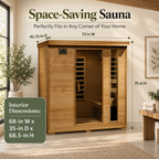 HeatWave Monticello 4-person infrared sauna dimensions showing 72-inch width, 45.75-inch depth, and interior measurements