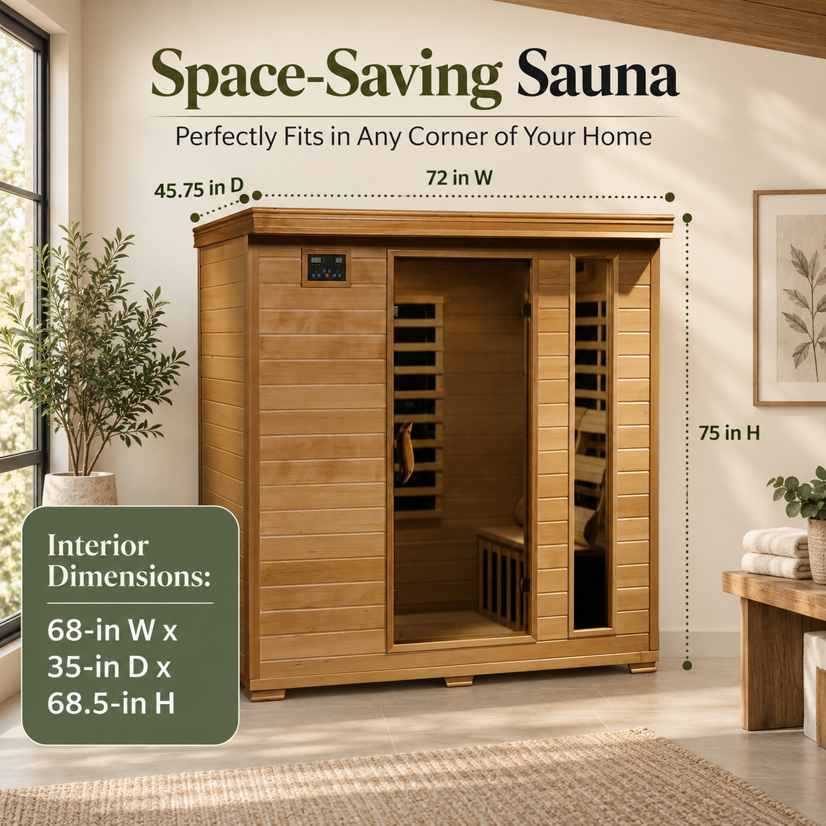 HeatWave Monticello 4-person infrared sauna dimensions showing 72-inch width, 45.75-inch depth, and interior measurements