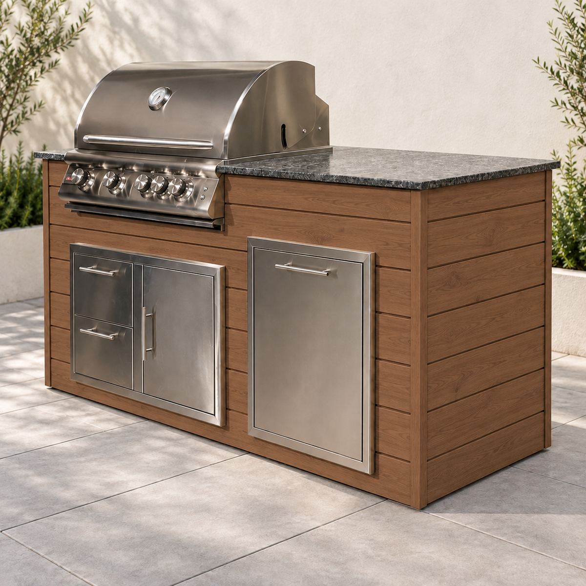 Firefly 6 ft outdoor kitchen island in Oak 140 aluminum cladding, shown with a stainless steel grill, doors, drawers, and dark countertop.