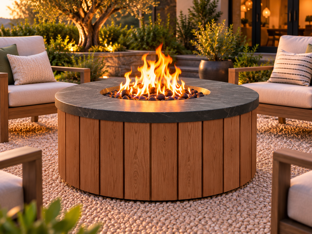 EZ Finish Firefly 48-inch round fire pit with Universal 140 aluminum cladding in Oak finish, shown lit in an outdoor patio setting.