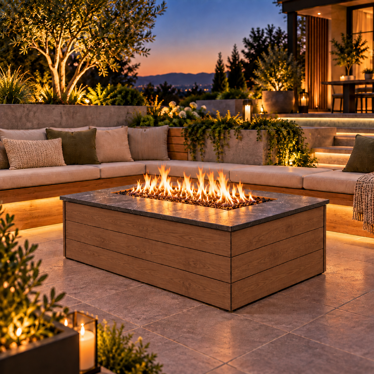EZ Finish Firefly 48 x 32 rectangular fire pit with Oak 140 horizontal cladding on a landscaped patio at dusk.