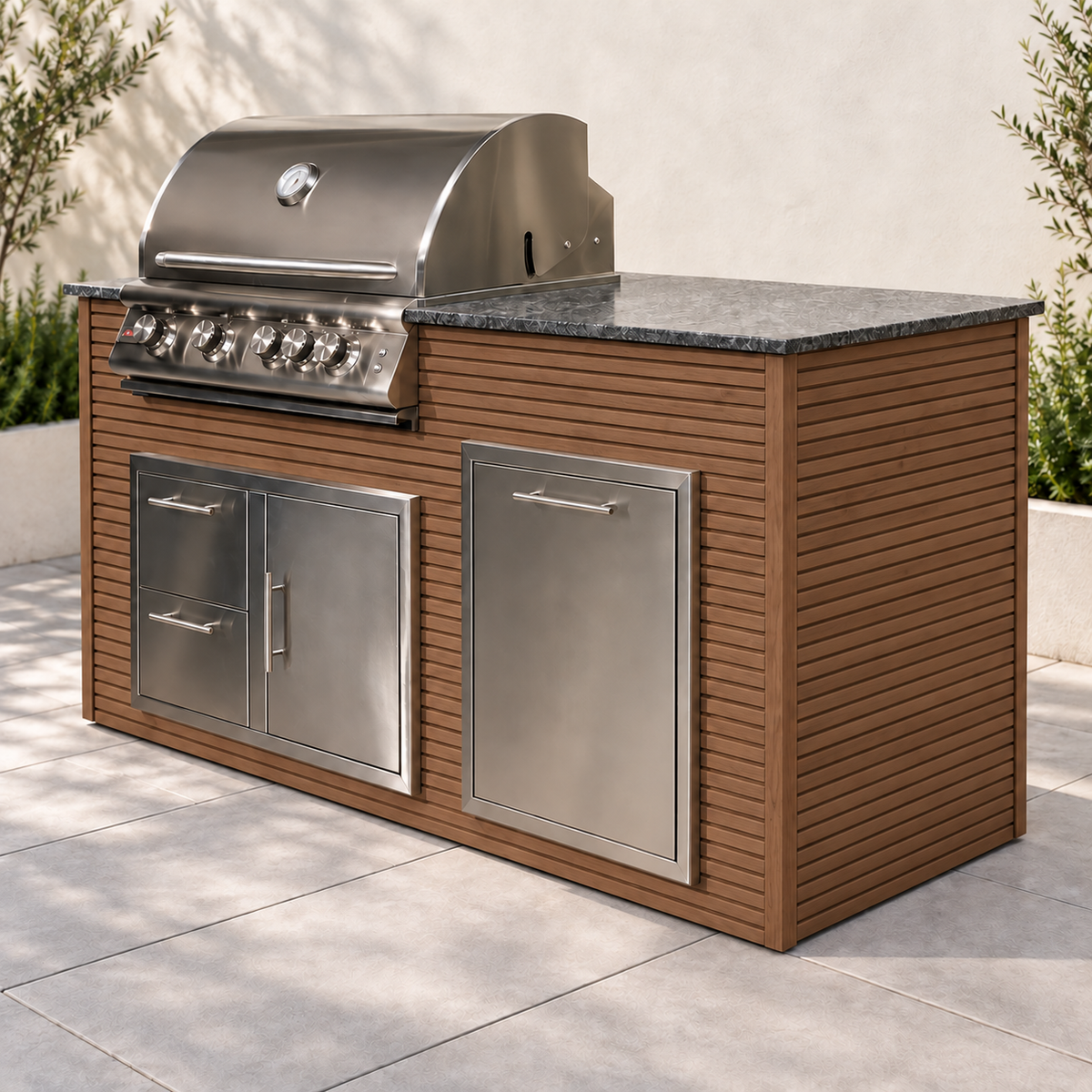 Firefly 6 ft outdoor kitchen island in Oak 2+2 aluminum cladding, shown with a stainless steel grill, doors, drawers, and dark countertop.