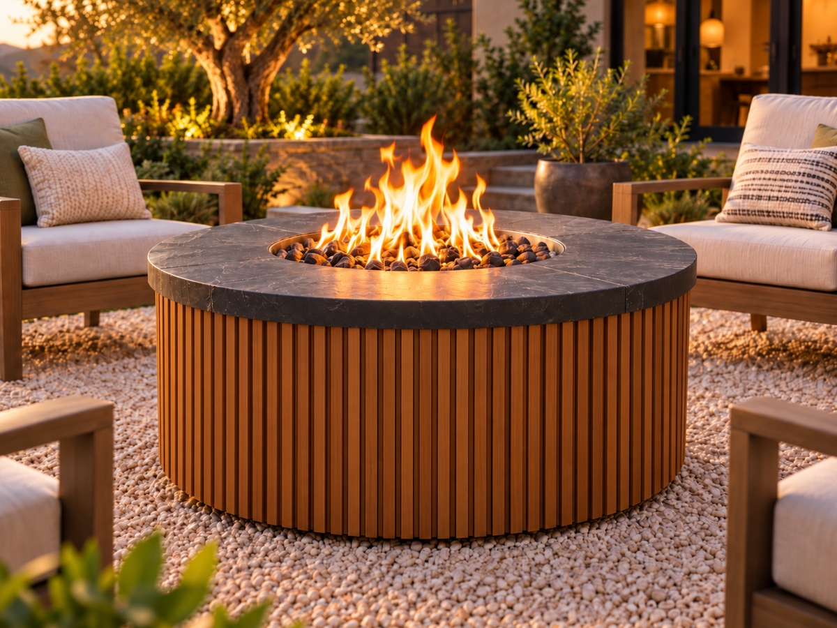 EZ Finish Firefly 48-inch round fire pit with Universal 2+2 aluminum cladding in Oak finish, shown lit in an outdoor patio setting.