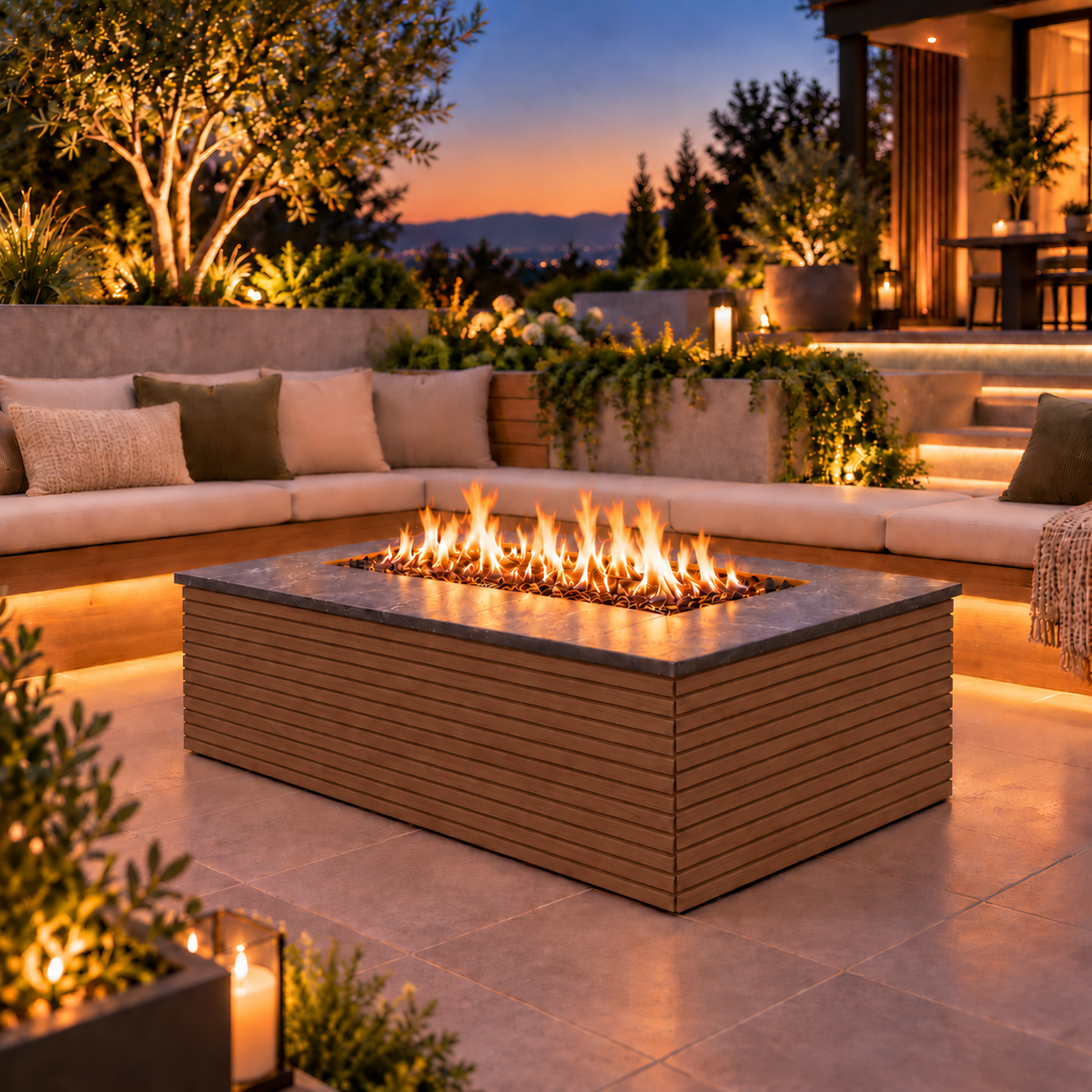 EZ Finish Firefly 48 x 32 rectangular fire pit with Oak 2+2 horizontal cladding on a landscaped patio at dusk.