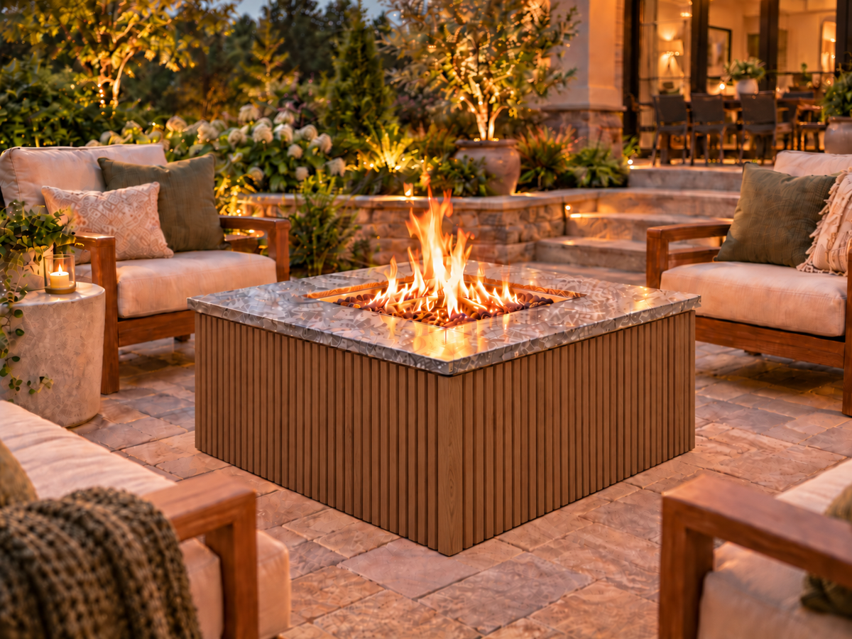 Firefly 36-inch square fire pit with Oak 2+2 cladding on a landscaped outdoor patio
