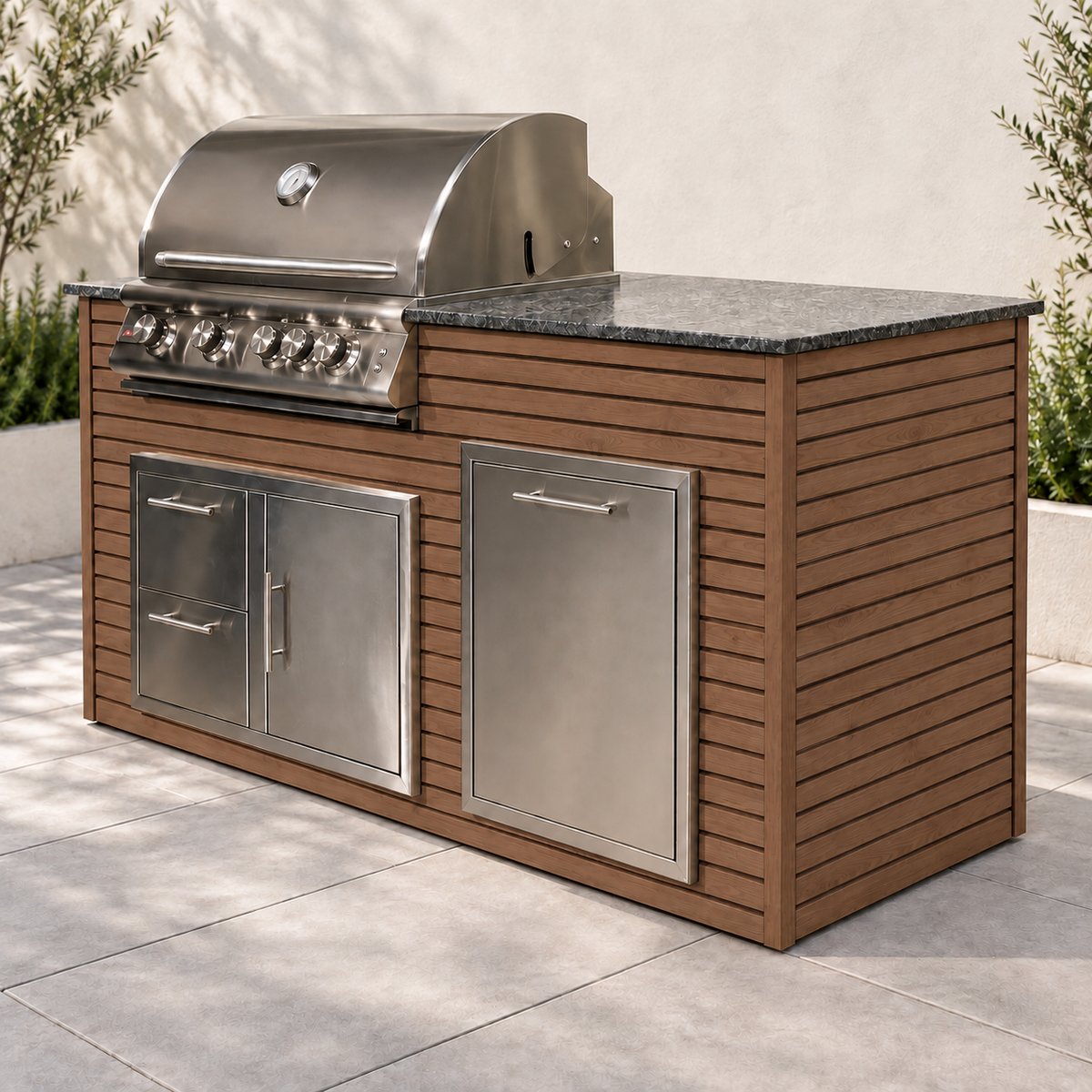 Firefly 6 ft outdoor kitchen island in Oak 4+4 aluminum cladding, shown with a stainless steel grill, doors, drawers, and dark countertop.