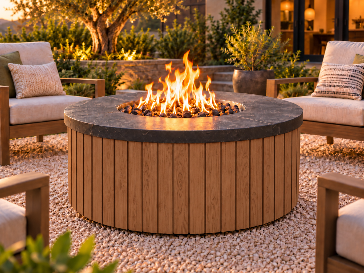 EZ Finish Firefly 48-inch round fire pit with Universal 4+4 aluminum cladding in Oak finish, shown lit in an outdoor patio setting.