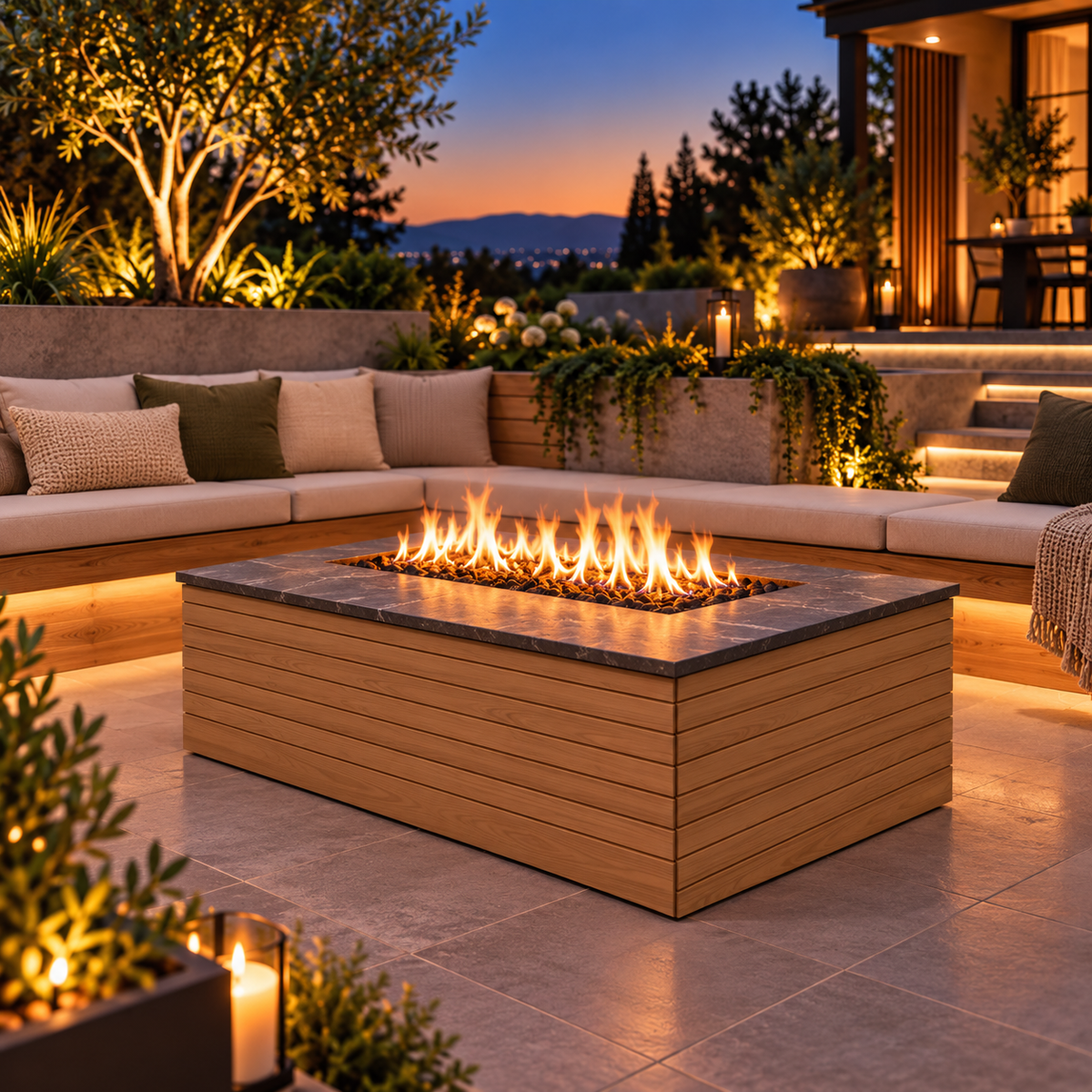 EZ Finish Firefly 48 x 32 rectangular fire pit with Oak 4+4 horizontal cladding on a landscaped patio at dusk.