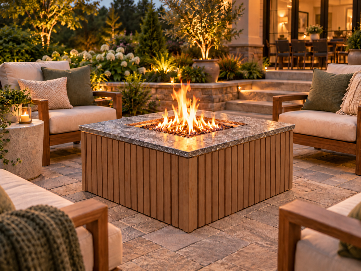 Firefly 36-inch square fire pit with Oak 4+4 cladding on a landscaped outdoor patio