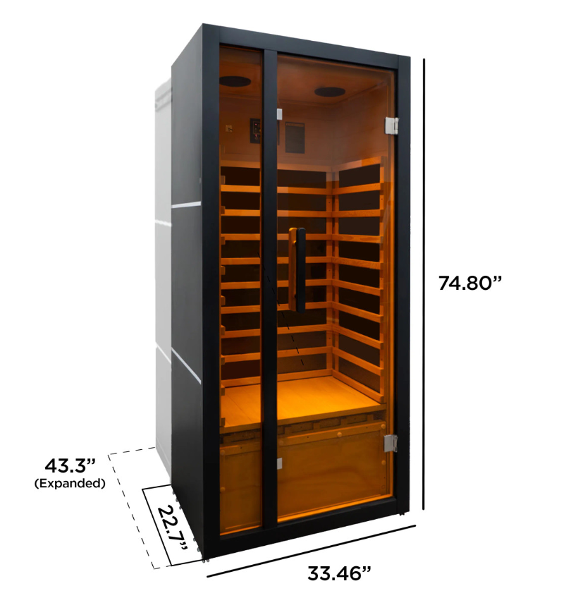 ALEKO Oasis 1-Person Infrared Sauna dimensions showing 33.46-inch width, 74.80-inch height, and expandable depth up to 43.3 inches