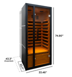 ALEKO Oasis 1-Person Infrared Sauna dimensions showing 33.46-inch width, 74.80-inch height, and expandable depth up to 43.3 inches